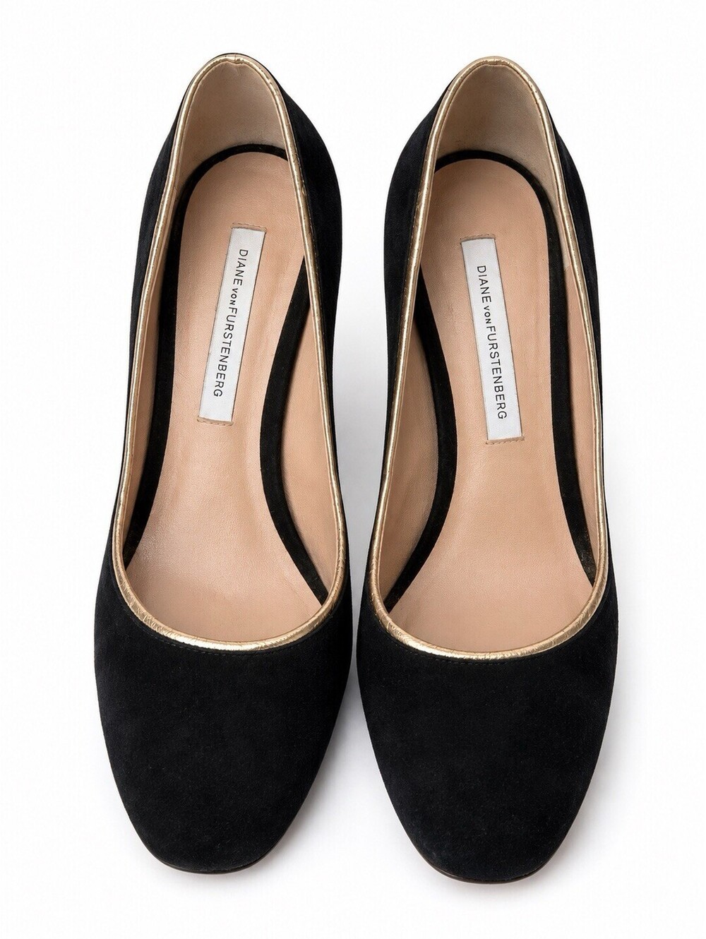 Diane von Furstenberg Black Suede Gold Trim Block Heel Pumps US 6 EU 36 Italy